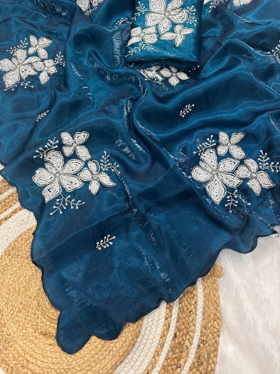 Glowing Blue Sequence Work Jimmy Choo Silk Saree With Fairytale Blouse Piece