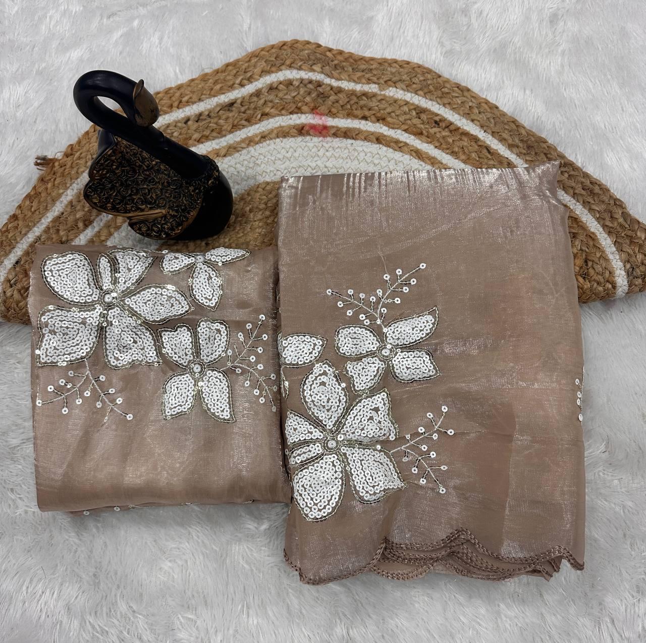 Glowing Brown Sequence Work Jimmy Choo Silk Saree With Fairytale Blouse Piece