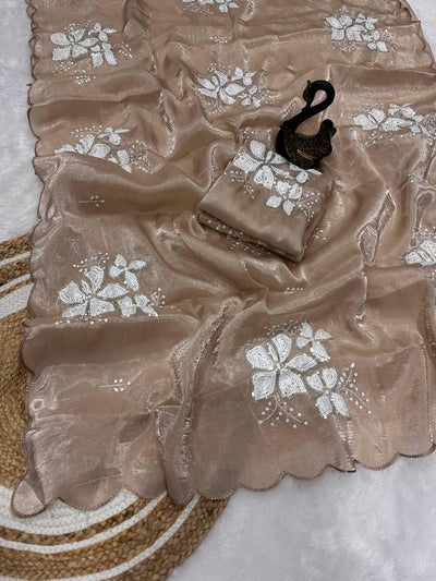 Glowing Brown Sequence Work Jimmy Choo Silk Saree With Fairytale Blouse Piece