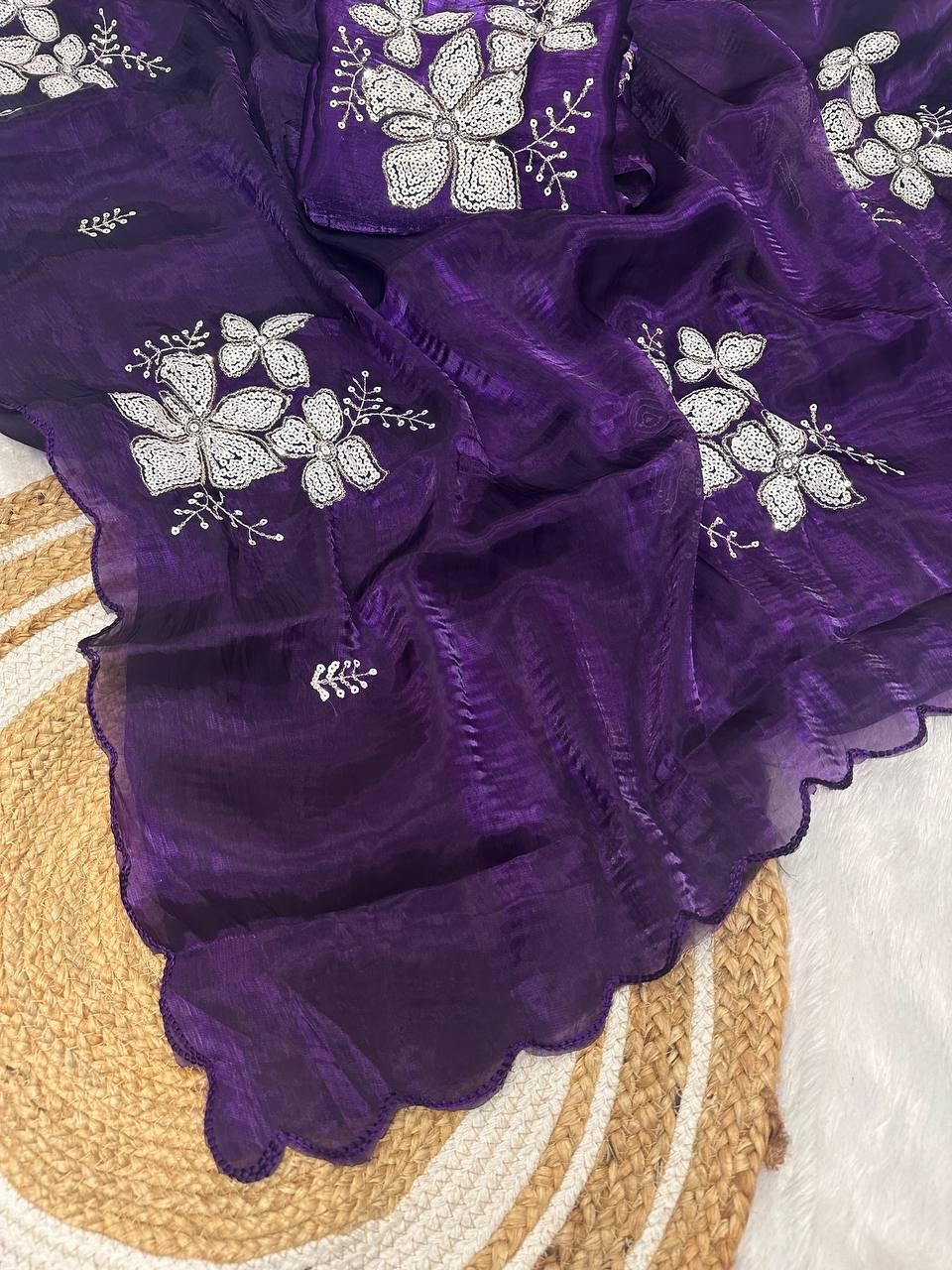 Glowing Purple Sequence Work Jimmy Choo Silk Saree With Fairytale Blouse Piece