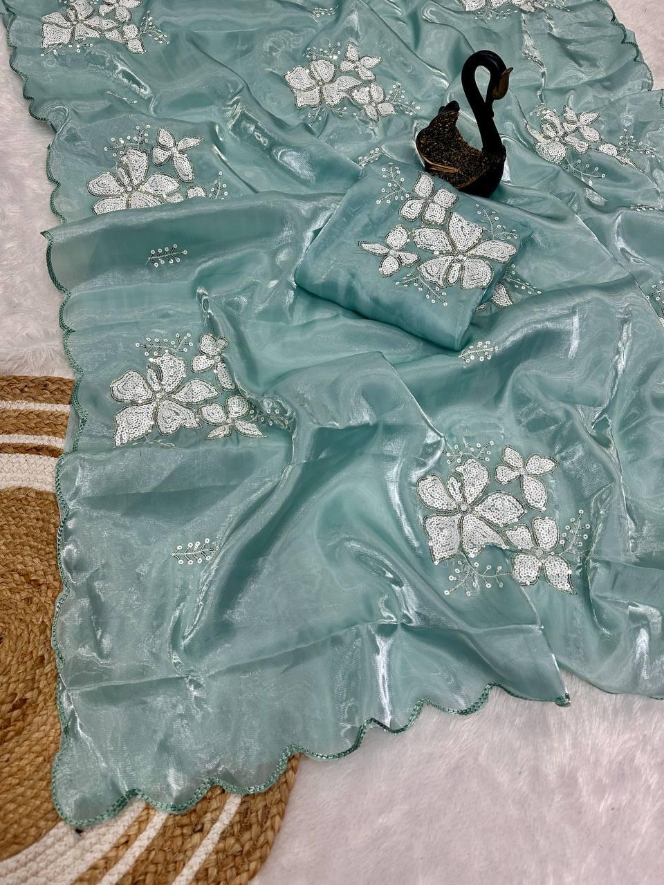 Glowing Sky Sequence Work Jimmy Choo Silk Saree With Fairytale Blouse Piece