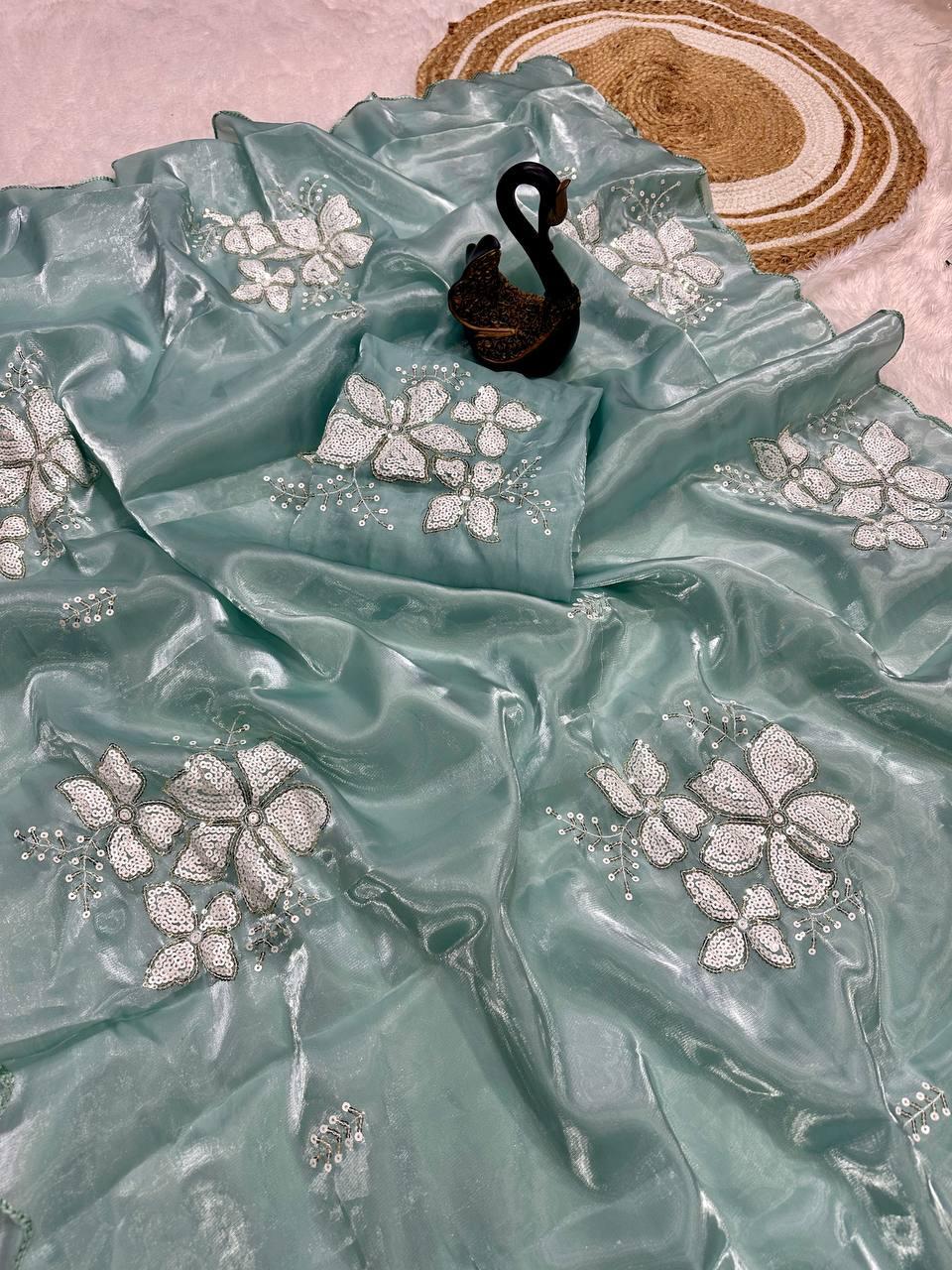 Glowing Sky Sequence Work Jimmy Choo Silk Saree With Fairytale Blouse Piece