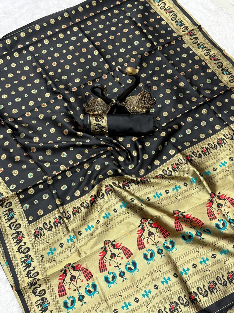 Amazing Black Paithani Silk Saree With Gratifying Blouse Piece