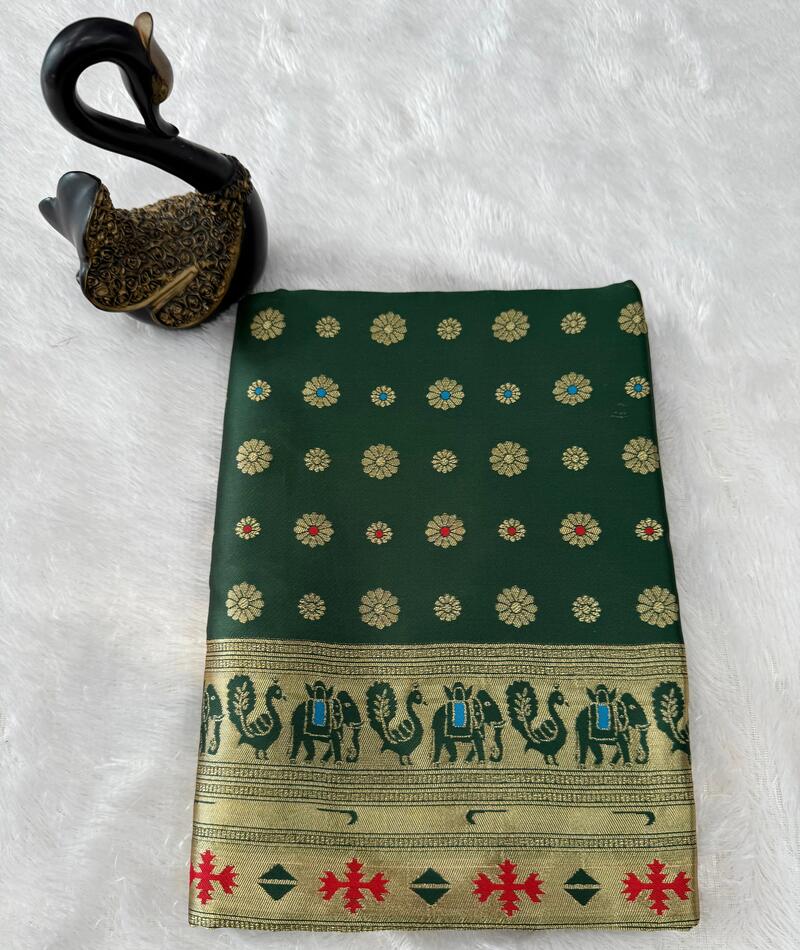 Arresting Dark Green Paithani Silk Saree With Divine Blouse Piece