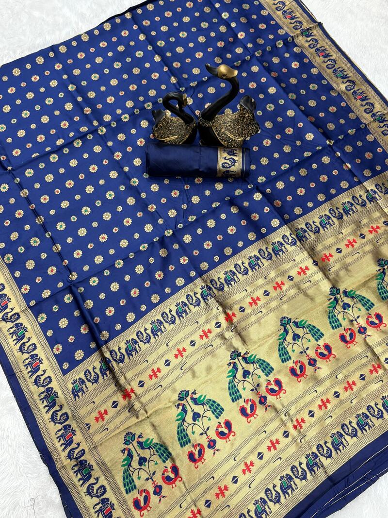 Grandiose Navy Blue Paithani Silk Saree With Majesty Blouse Piece