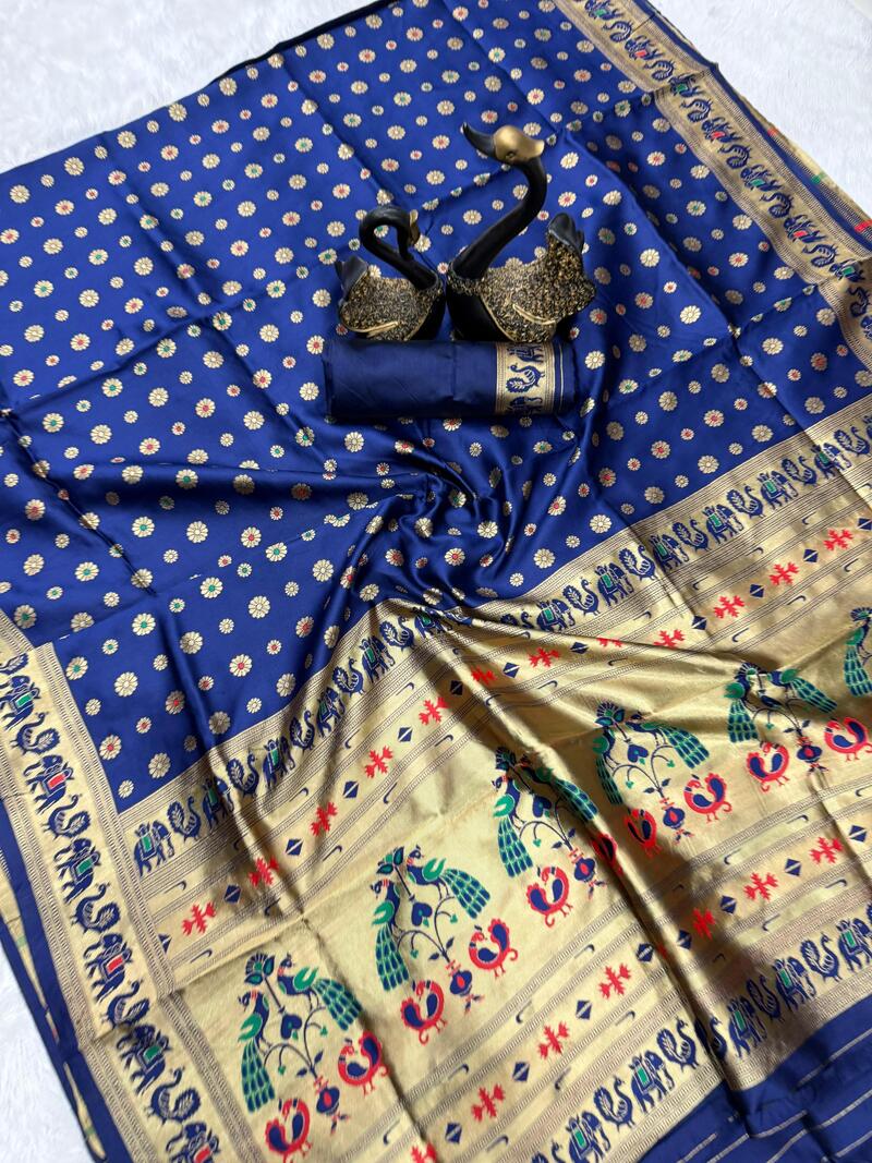 Grandiose Navy Blue Paithani Silk Saree With Majesty Blouse Piece