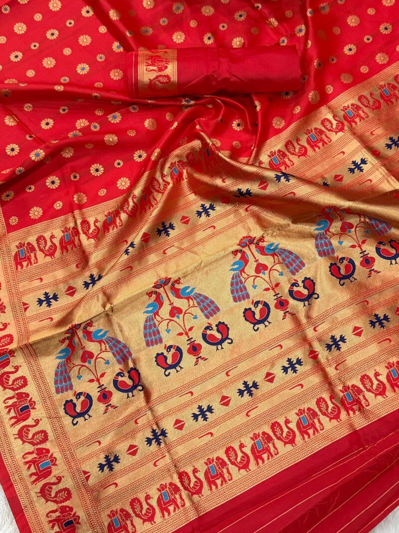 Effulgent Red Paithani Silk Saree With Jazzy Blouse Piece