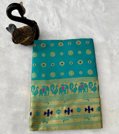 Enigmatic Turquoise Paithani Silk Saree With Elegant Blouse Piece