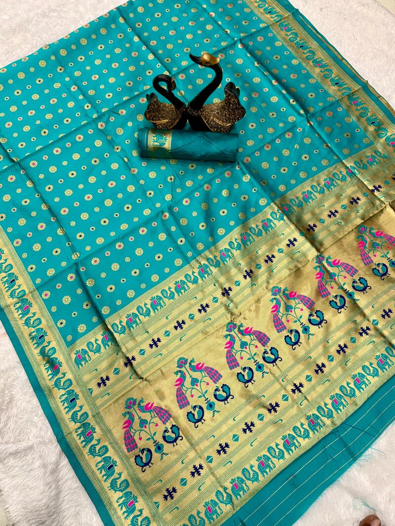 Enigmatic Turquoise Paithani Silk Saree With Elegant Blouse Piece