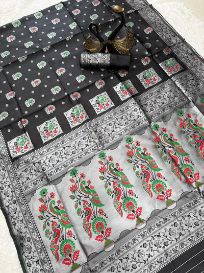Panoply Black Paithani Silk Saree With Scrupulous Blouse Piece