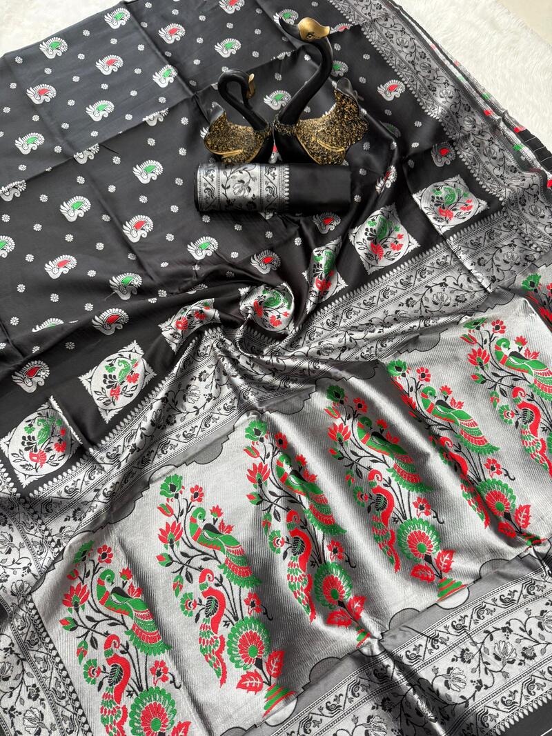 Panoply Black Paithani Silk Saree With Scrupulous Blouse Piece