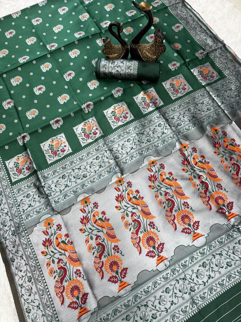 Imaginative Dark Green Paithani Silk Saree With Ailurophile Blouse Piece