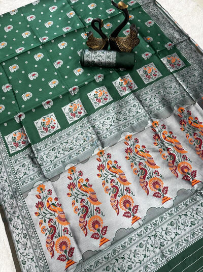 Imaginative Dark Green Paithani Silk Saree With Ailurophile Blouse Piece