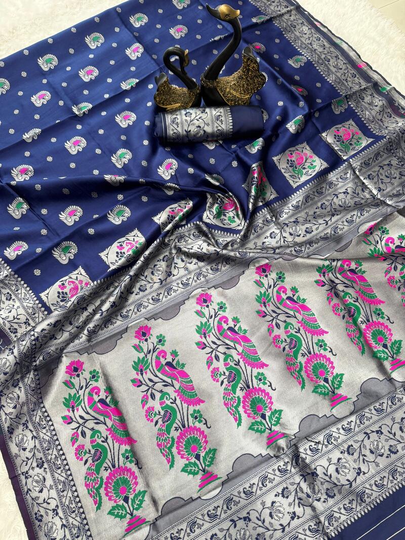 Allure Navy Blue Paithani Silk Saree With Dulcet Blouse Piece