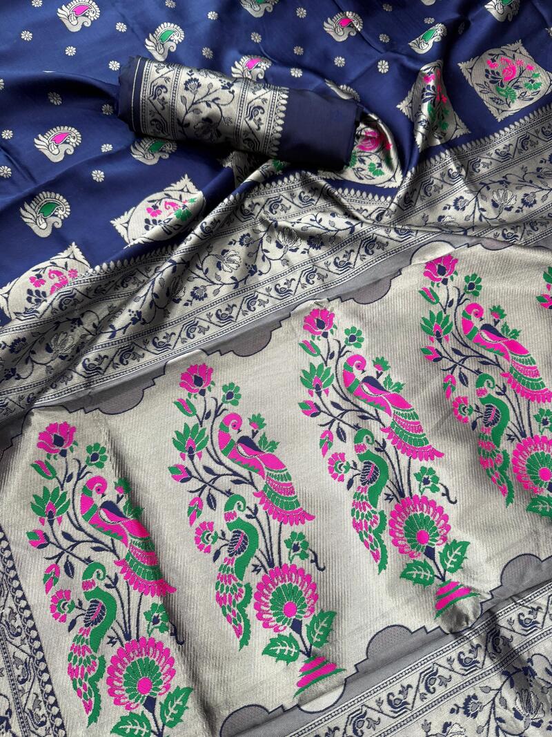 Allure Navy Blue Paithani Silk Saree With Dulcet Blouse Piece