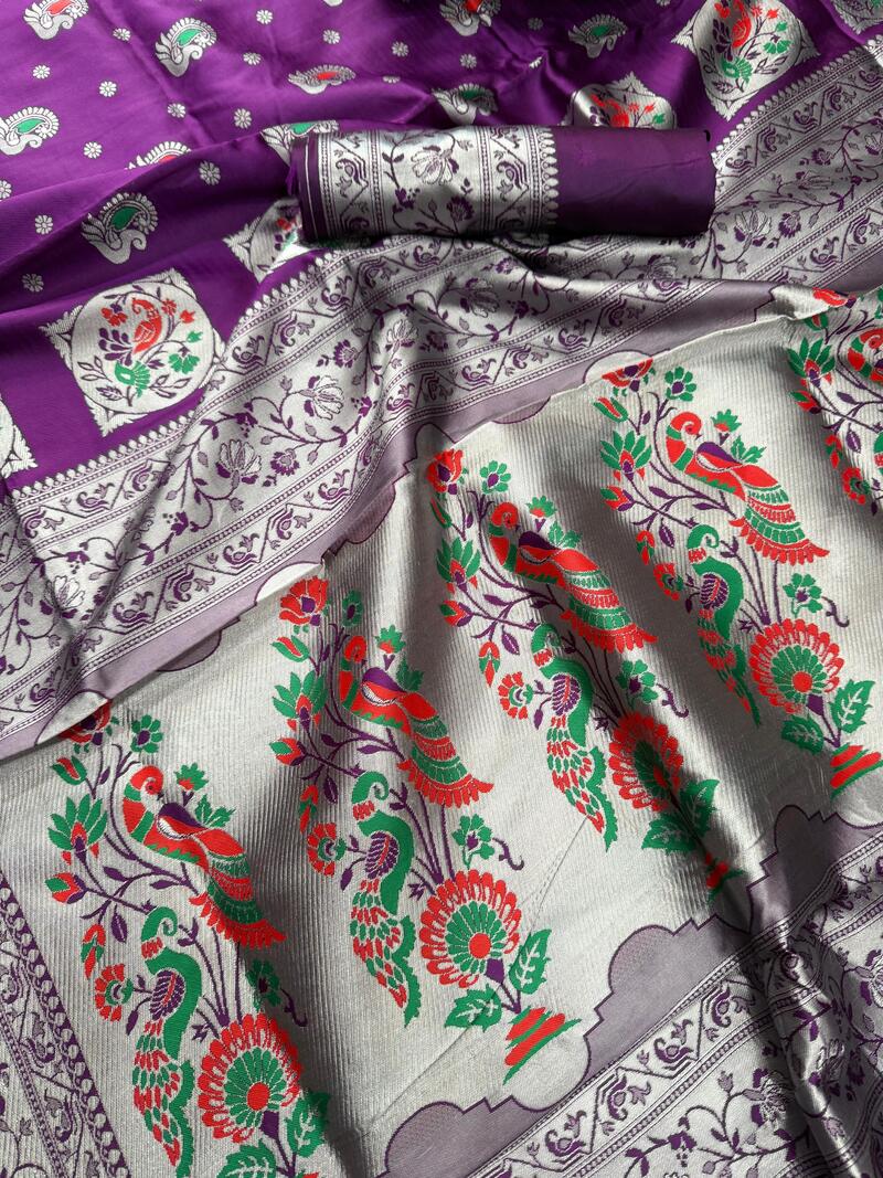 Lustrous Purple Paithani Silk Saree With Ebullience Blouse Piece