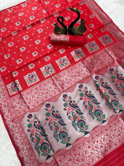 Flamboyant Red Paithani Silk Saree With Hypnotic Blouse Piece