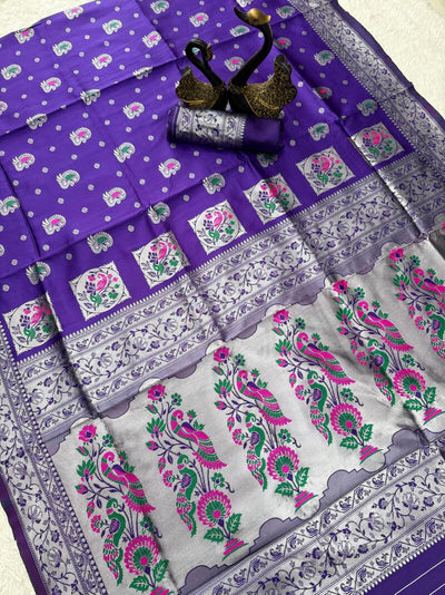 Delectable Violet Paithani Silk Saree With Piquant Blouse Piece