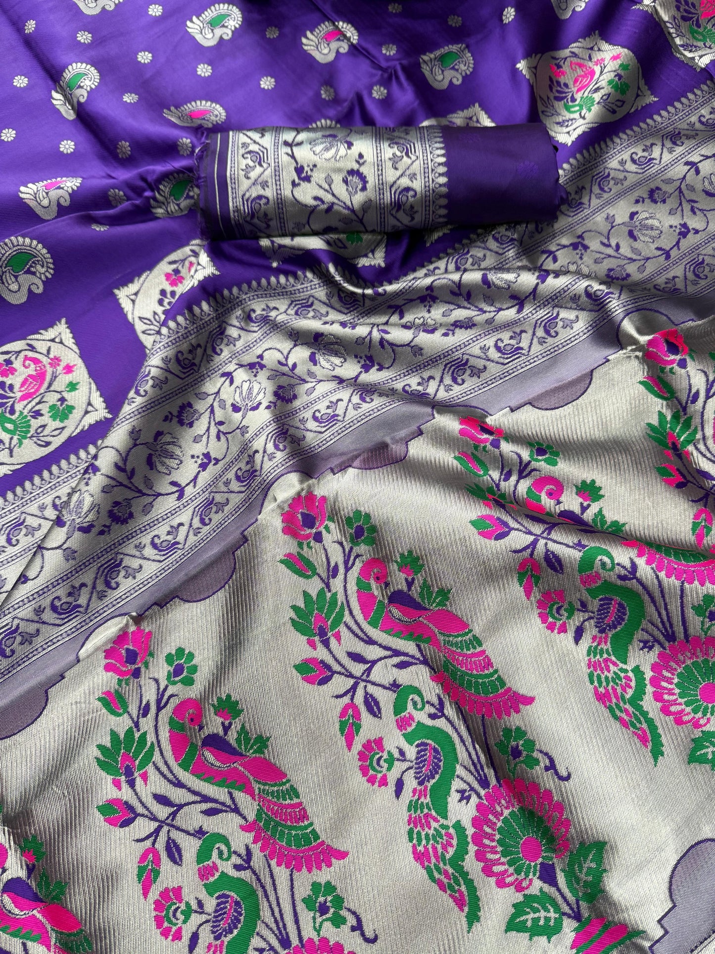 Delectable Violet Paithani Silk Saree With Piquant Blouse Piece