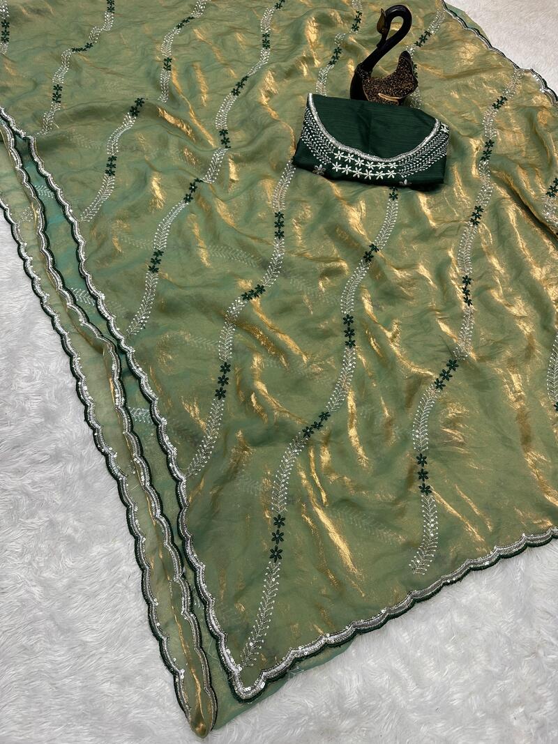 Ethnic Green Sequence Work Fandy Silk Saree With Glamorous Blouse Piece