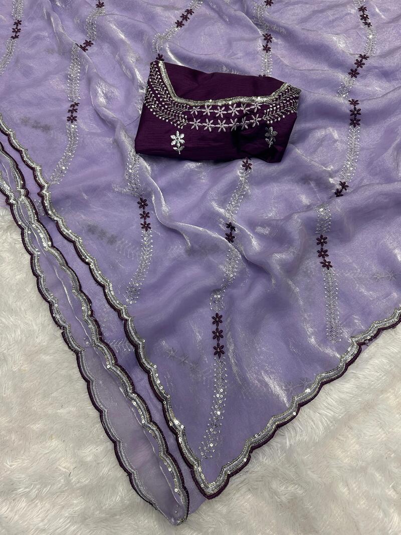 Stylish Lavender Sequence Work Fandy Silk Saree With Elegant Blouse Piece