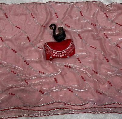 Seraglio Peach Sequence Work Fandy Silk Saree With Proficient Blouse Piece