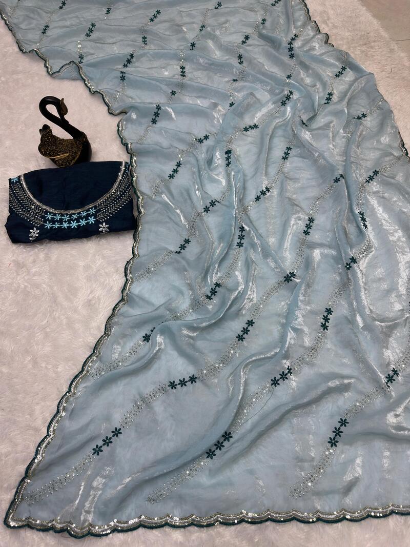 Ravishing Sky Sequence Work Fandy Silk Saree With Gorgeous Blouse Piece