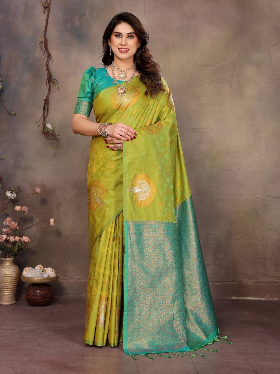 Engrossing Green Soft Banarasi Silk Saree With Gossamer Blouse Piece