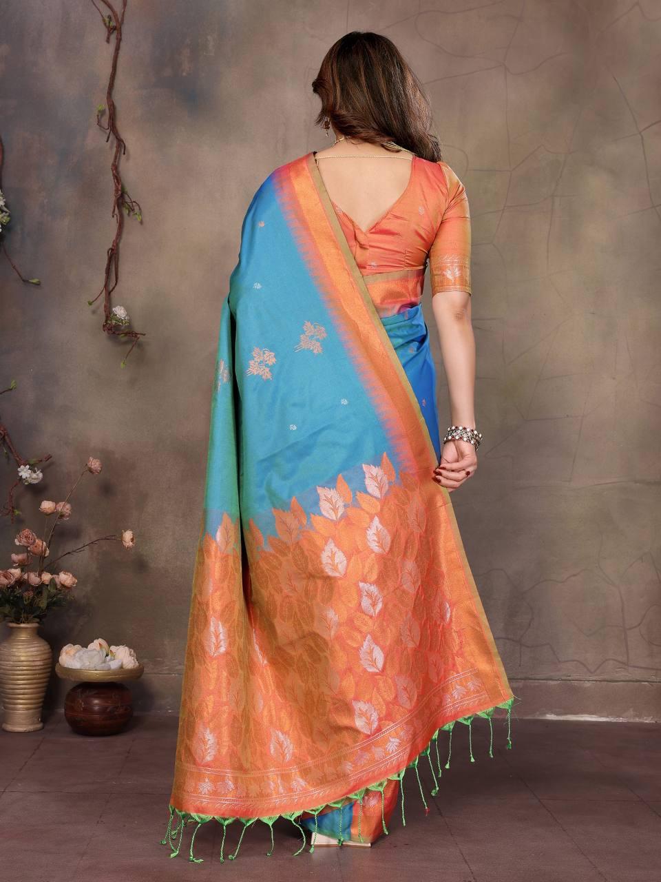 Engaging Firozi Soft Banarasi Silk Saree With Exuberant Blouse Piece
