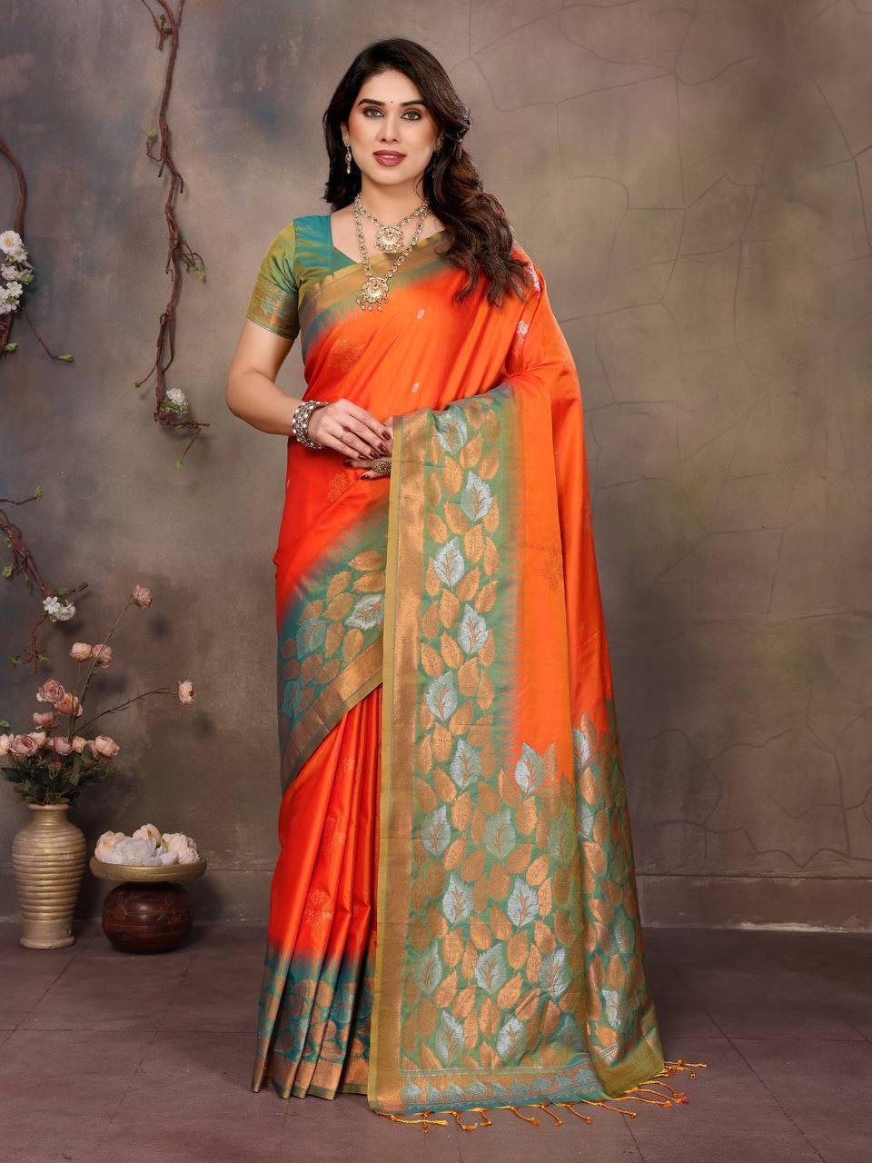 Gratifying Orange Soft Banarasi Silk Saree With Improbable Blouse Piece