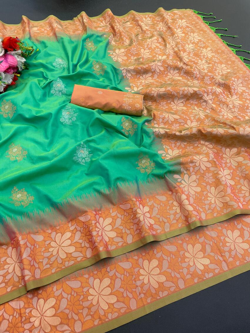 Eloquence Green Soft Banarasi Silk Saree With Whimsical Blouse Piece