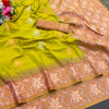 Groovy Mehndi Soft Banarasi Silk Saree With Opulent Blouse Piece