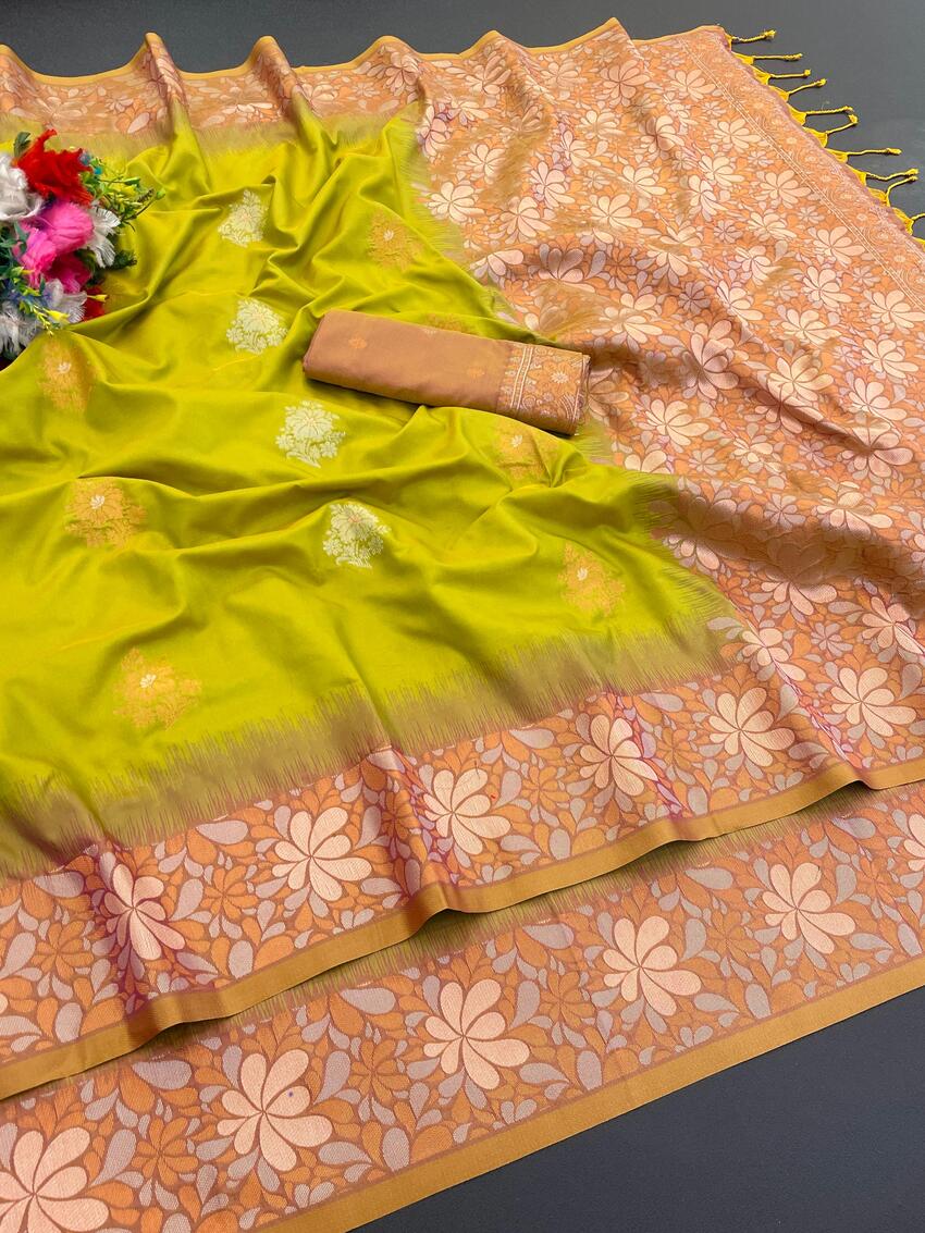 Groovy Mehndi Soft Banarasi Silk Saree With Opulent Blouse Piece