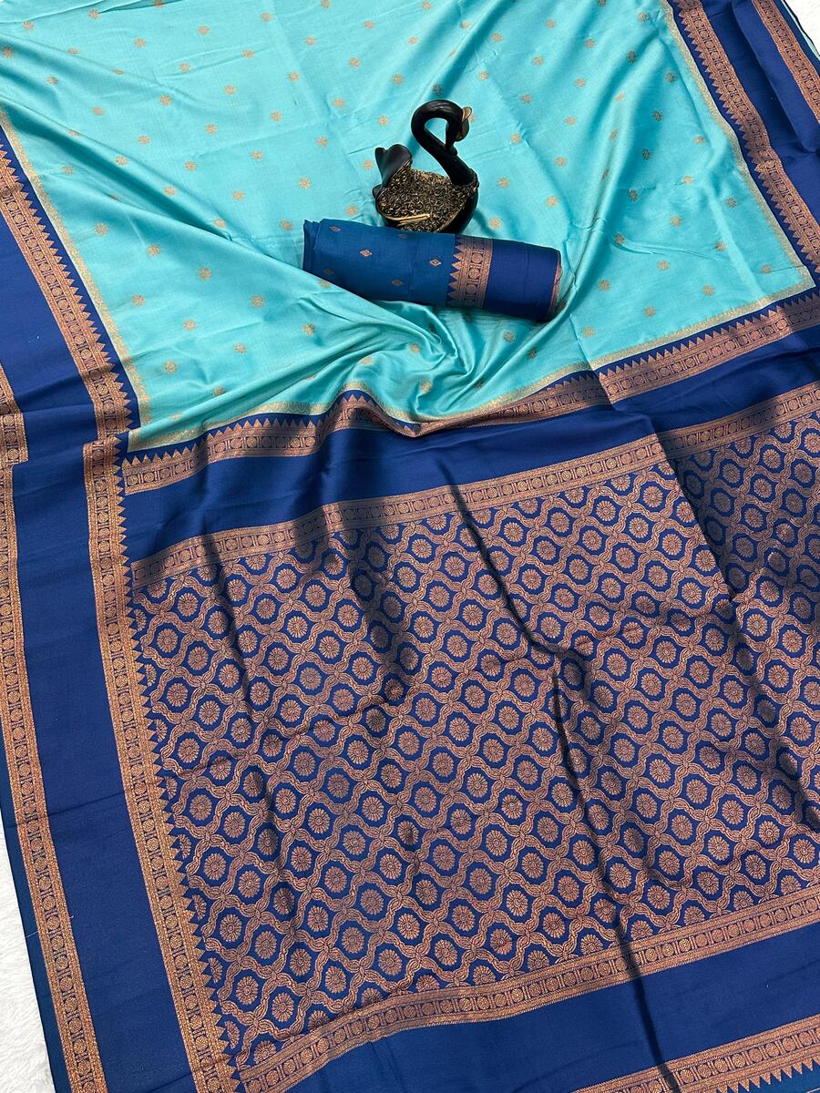 Fancifull Firozi Soft Banarasi Silk Saree With Sonorous Blouse Piece