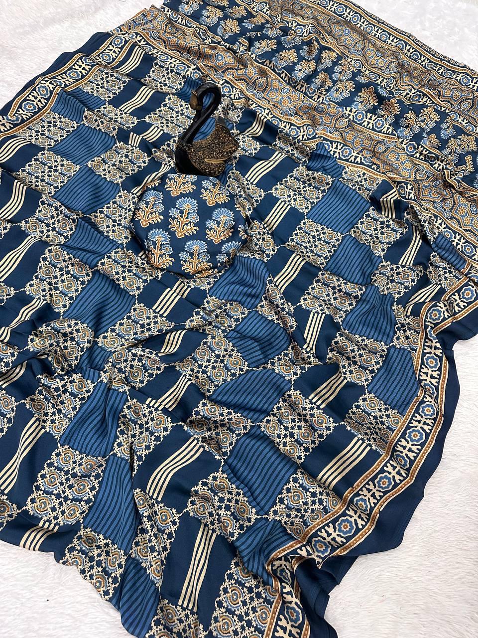 Redolent Blue Ajrakh Printed Gajji Soft Silk Saree With Deserving Blouse Piece