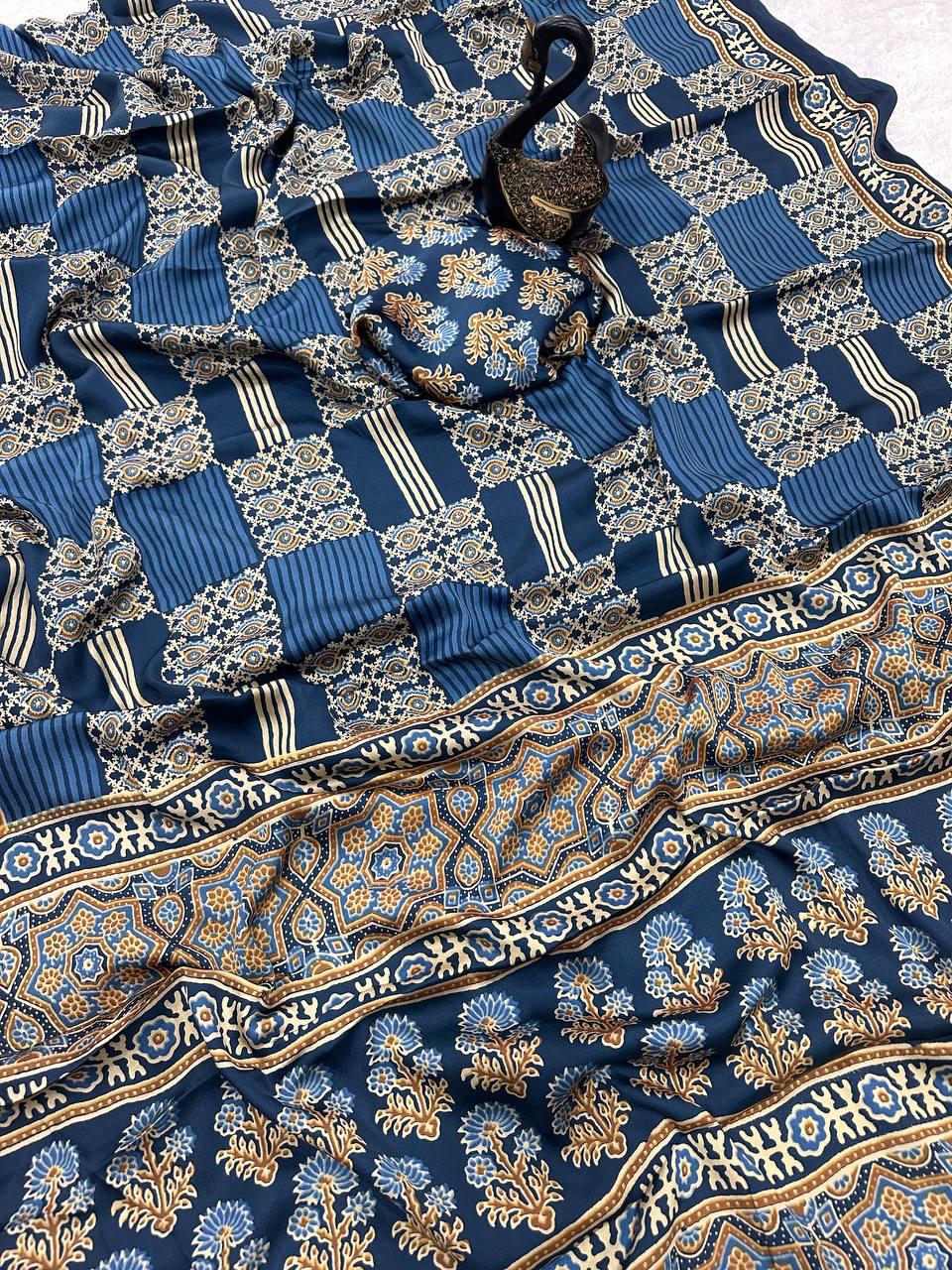 Redolent Blue Ajrakh Printed Gajji Soft Silk Saree With Deserving Blouse Piece
