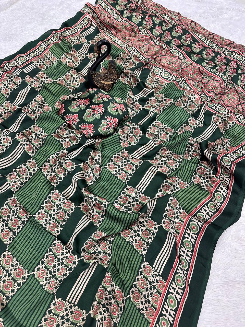Exemplary Dark Green Ajrakh Printed Gajji Soft Silk Saree With Fragrant Blouse Piece