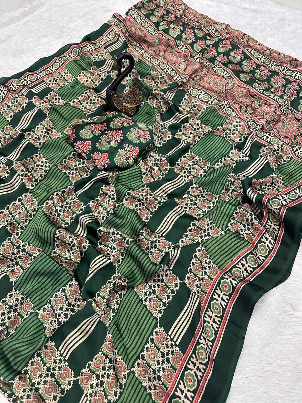Exemplary Dark Green Ajrakh Printed Gajji Soft Silk Saree With Fragrant Blouse Piece