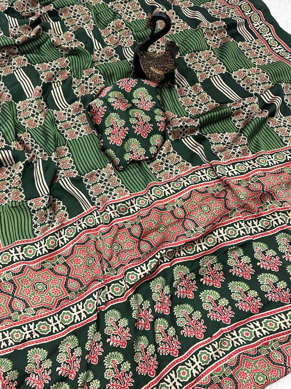 Exemplary Dark Green Ajrakh Printed Gajji Soft Silk Saree With Fragrant Blouse Piece
