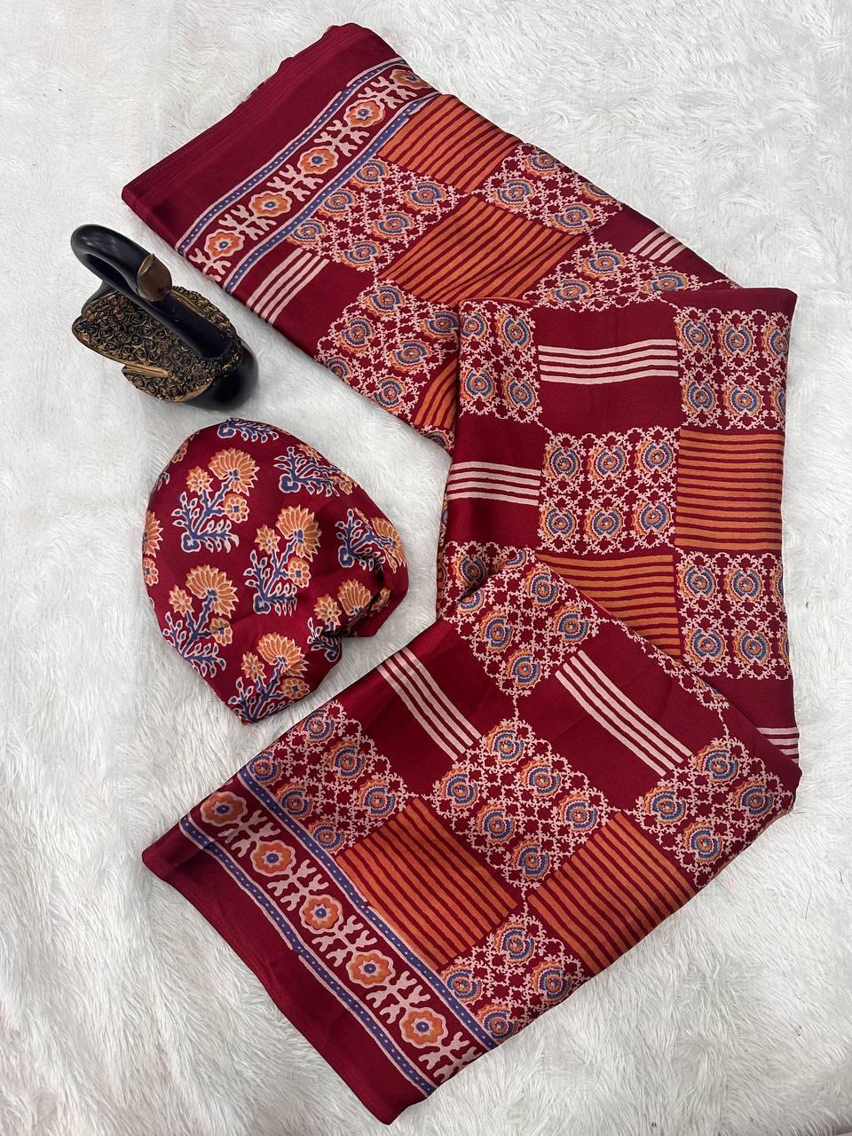 Glamorous Maroon Ajrakh Printed Gajji Soft Silk Saree With Assemblage Blouse Piece