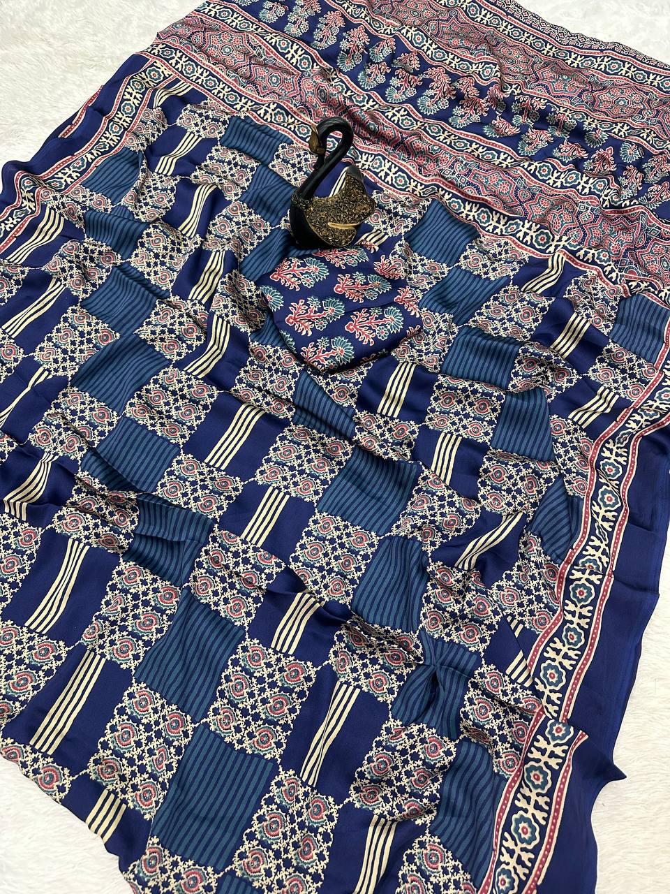 Seraphic Navy Blue Ajrakh Printed Gajji Soft Silk Saree With Snazzy Blouse Piece