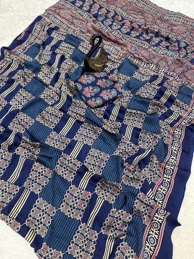 Seraphic Navy Blue Ajrakh Printed Gajji Soft Silk Saree With Snazzy Blouse Piece