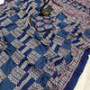 Seraphic Navy Blue Ajrakh Printed Gajji Soft Silk Saree With Snazzy Blouse Piece