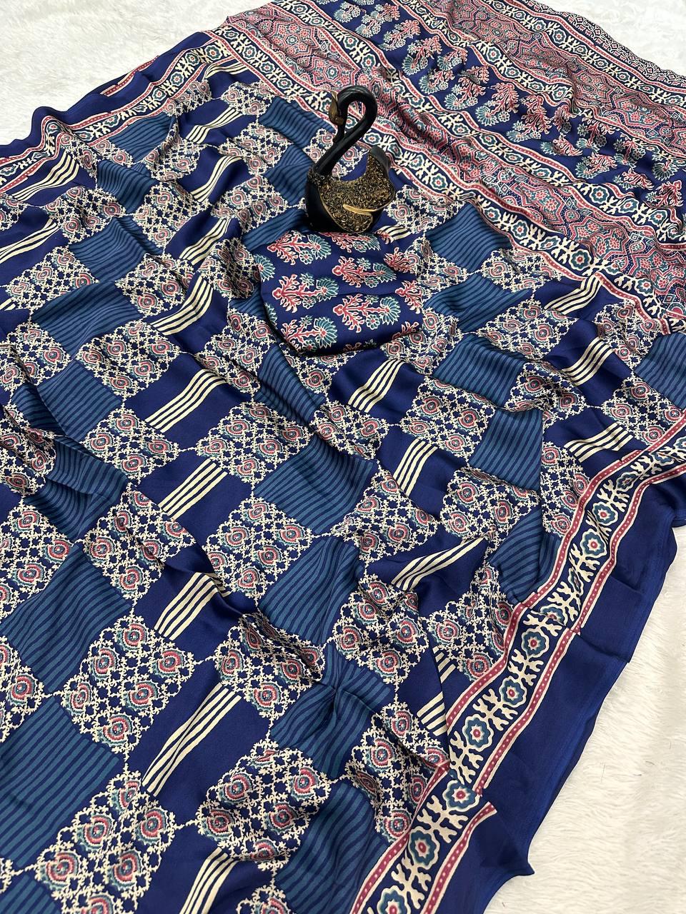 Seraphic Navy Blue Ajrakh Printed Gajji Soft Silk Saree With Snazzy Blouse Piece
