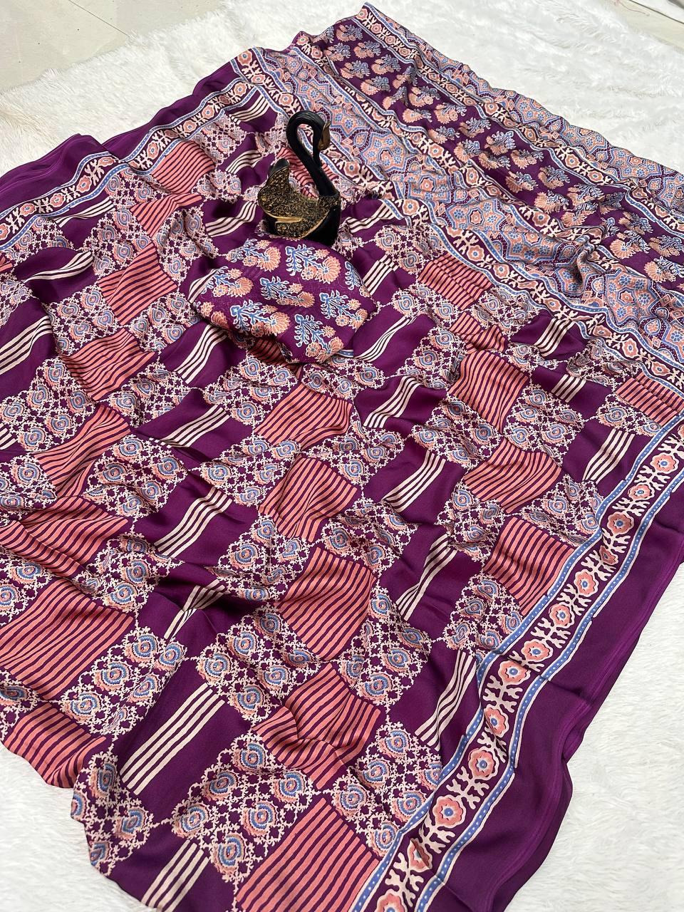 Panoply Purple Ajrakh Printed Gajji Soft Silk Saree With Resplendent Blouse Piece