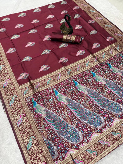 Nectarous Maroon Soft Banarasi Silk Saree With Deserving Blouse Piece