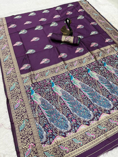 Opulent Purple Soft Banarasi Silk Saree With Ephemeral Blouse Piece