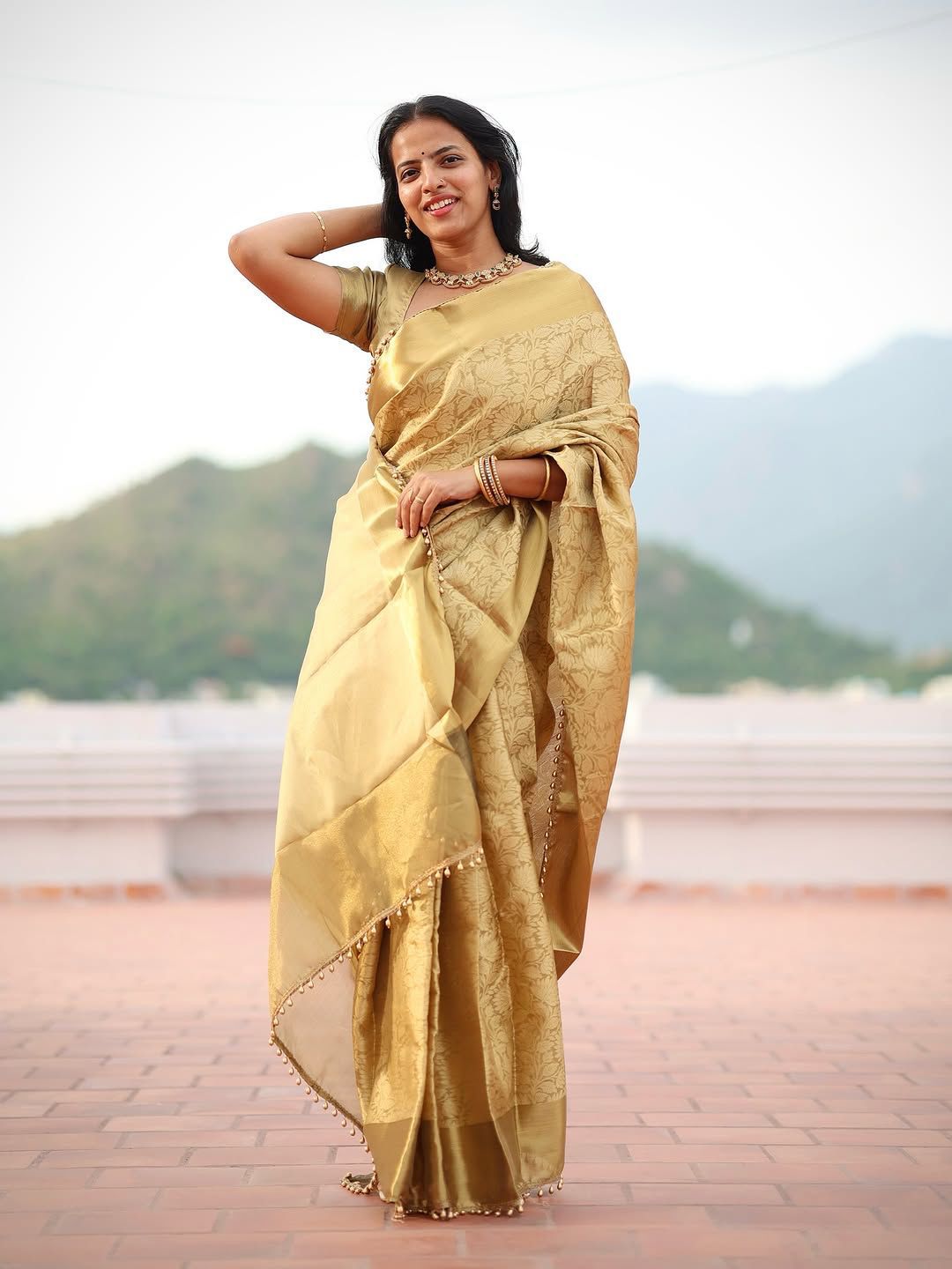 Lagniappe Golden Soft Tissue Silk Saree With Petrichor Blouse Piece