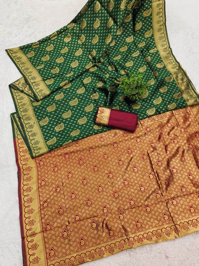 Elaborate Dark Green Soft Silk Saree With Demanding Blouse Piece