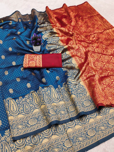 Vestigial Blue Soft Silk Saree With Jubilant Blouse Piece